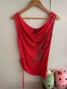 Hot Pink Oxygen Asymmetric Tank Top with Graphic Detail & Side Ruche